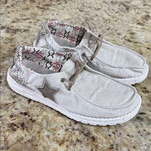 Hey Dude Beige Canvas Slip-On Shoes with Red and Teal Pattern